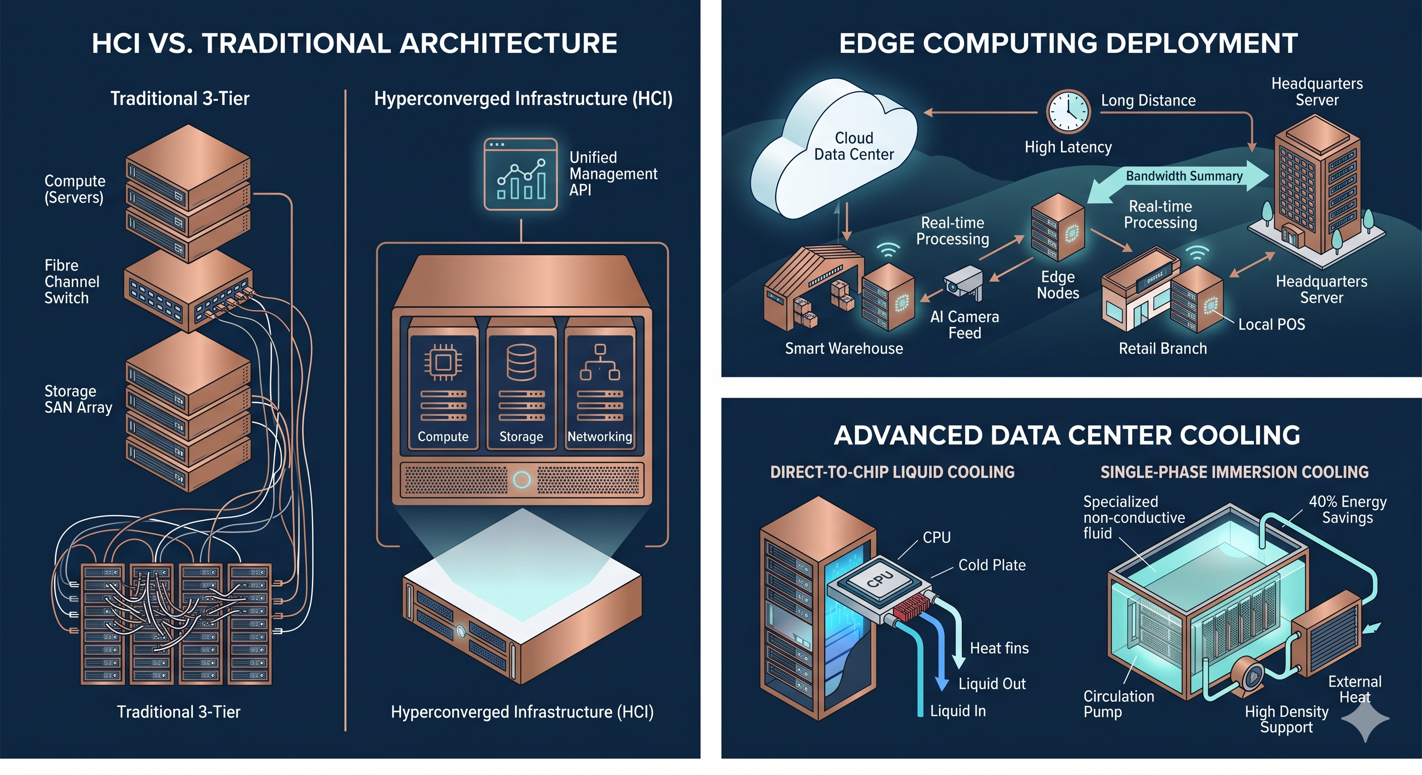 Modern data center architecture: hyperconverged infrastructure, edge computing, and liquid cooling